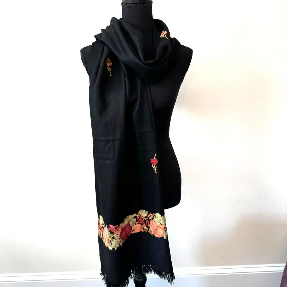 Black Wool Shawl with Floral Embroidery Stitching and Fringed Ends